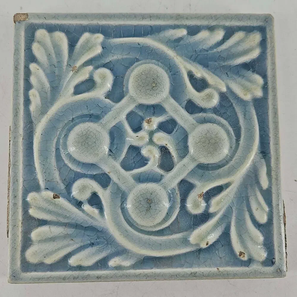 Antique Hamilton Tile Works Victorian pair of embossed tile tiles 4.25